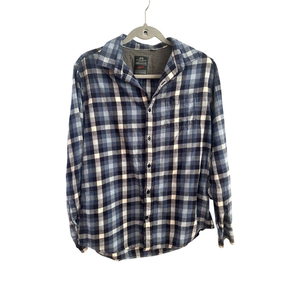 Racing Green Plaid Flannel Button Down Shirt Blue White – Men's L, Cotton‎